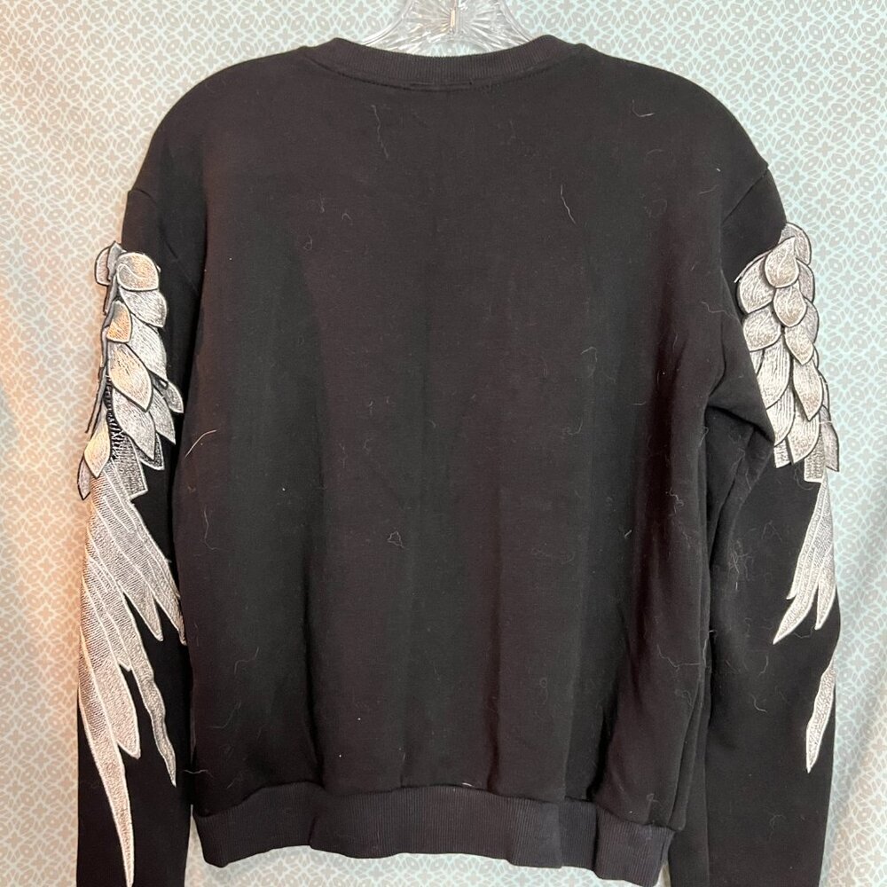 Women's Black/White Crew neck long slv Sweatshirt With Wings, Size S - Picture 2 of 5